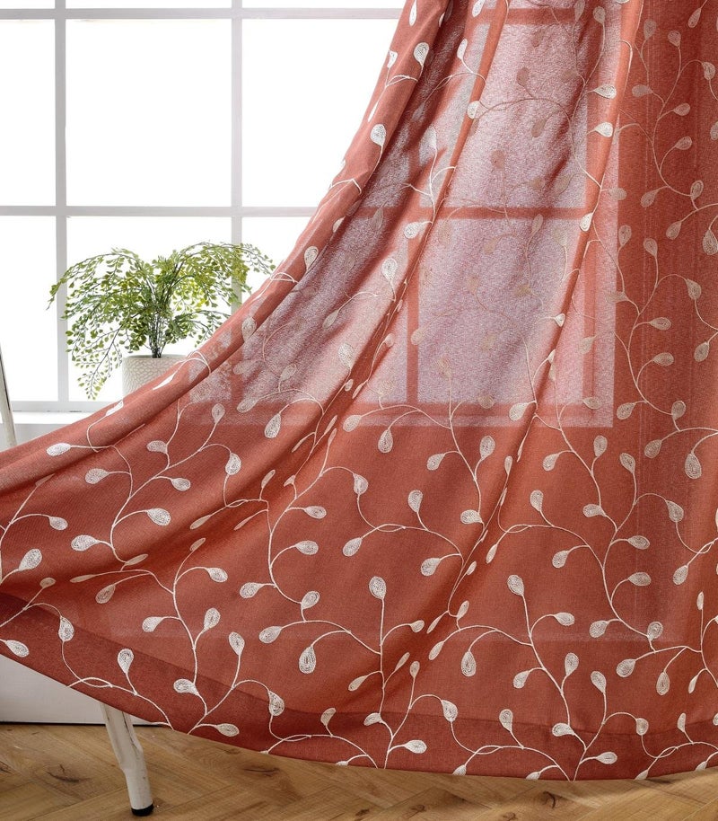 MIUCO Floral Embroidered Semi Sheer Curtains Faux Linen Extra Wide Grommet Window Panel Pair for Bedroom 52 x 95 Inch, Rust - Image 1